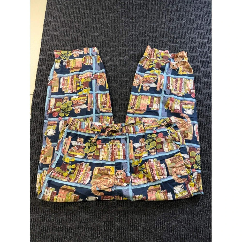 Printfresh Library Cats Pajama Set XL Blue Cotton Bookshelf Long Sleeve PJ Set